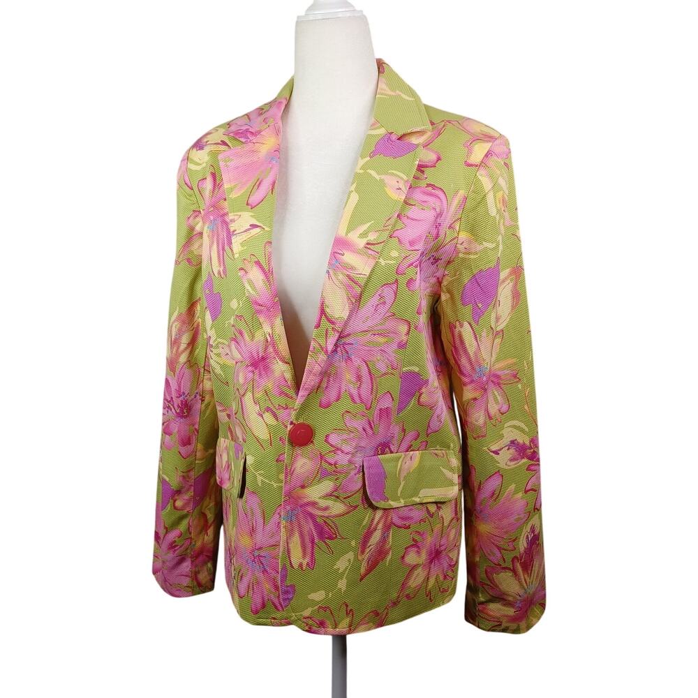 Susan Graver Women's Floral Blazer Size 10 Green Pink Spring Cotton Coquette New